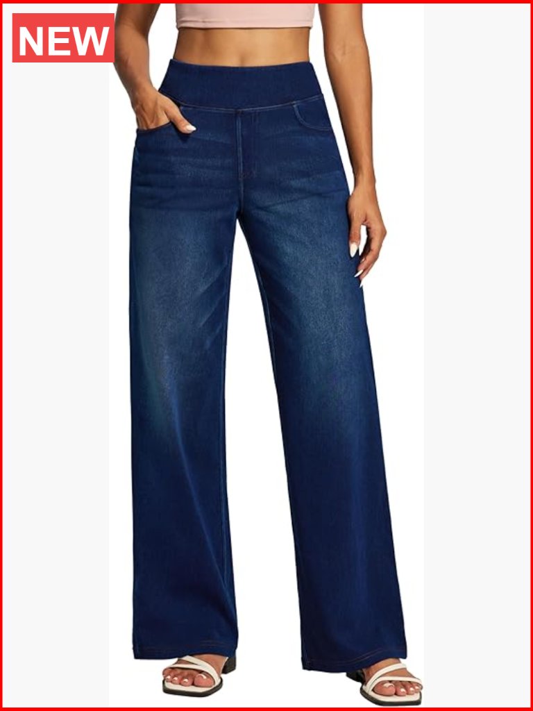 Wide Leg Jeans High Waisted Pull On Stretchy Denim Casual Pants